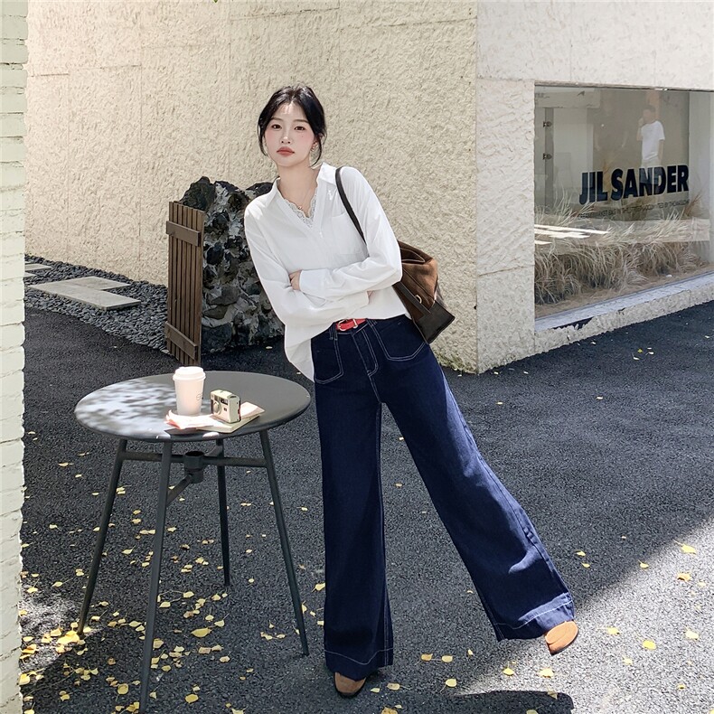 白色蕾丝拼接V领长袖衬衫套装女2025秋气质显瘦牛仔阔腿裤两件套图片
