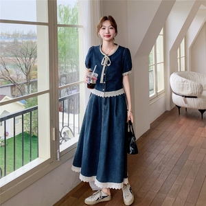 牛仔套装裙女2025夏季新款洋气减龄显瘦蕾丝拼接短袖上衣半身裙潮图片