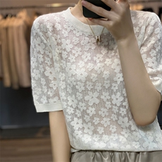精纺羊毛针织短袖女圆领2023新款碎花T恤薄款镂空天丝半袖打底衫，女装T恤，雪真羊绒