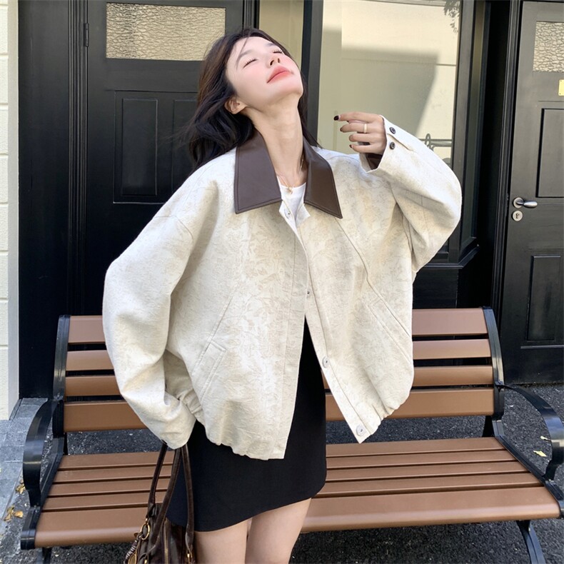 撞色翻领拼接提花外套女2025秋季新款小众设计感气质百搭短款夹克,女装短外套,2C198