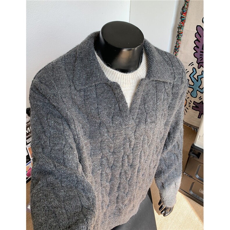 假模图假两件翻领套头针织衫长袖男秋装宽松纯色毛衣H1155特P60，男装针织衫/毛衣，电商A341