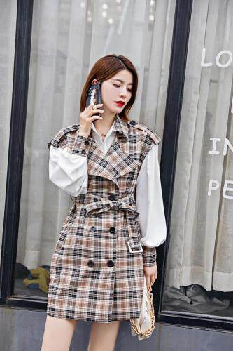 【秋季新款】时尚格子马甲配衬衫两件套，女装马夹，笑思源