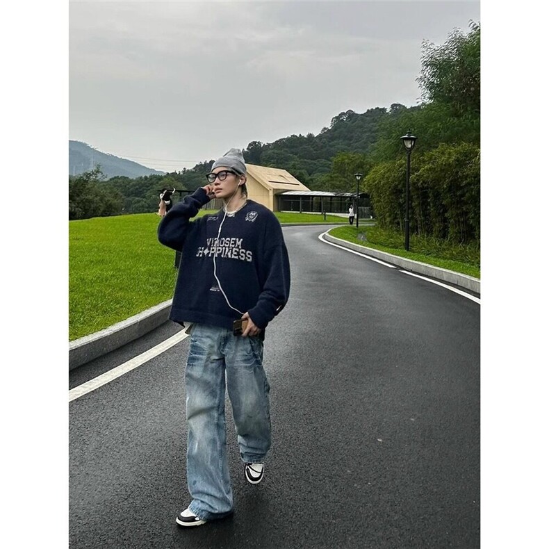 美式复古水洗闪电裂纹直筒牛仔裤2025年新款男士休闲日常百搭裤子,男装牛仔裤,星座506A