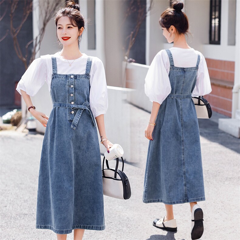 2025年夏季纯色A字裙中腰单排扣宽松甜美田园牛仔背带裙女配腰带，女装牛仔裙，微微衣阁