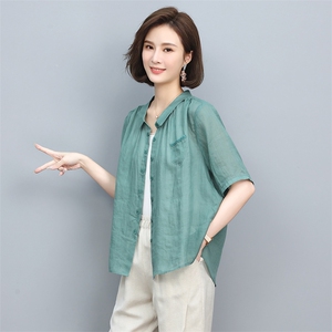 苎麻衬衫女短袖2022年夏季新款刺绣衬衣别致小衫潮图片