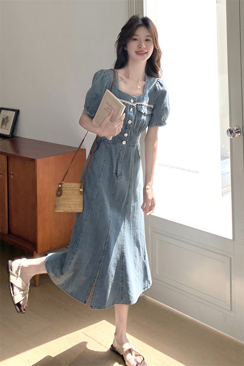 1D091-8445-P145K198鱼尾摆方领泡泡袖牛仔连衣裙,女装连衣裙,1D091-1
