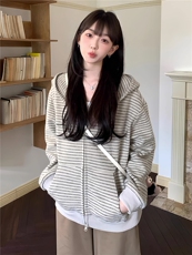 网图条纹连帽拉链外套男2025新款设计感宽松美式开衫卫衣特P68，女装短外套，电商C306-1