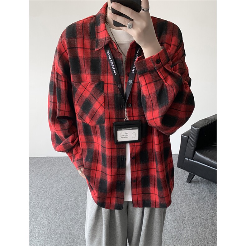 衬衫男春季新款港风宽松大码磨毛格子长袖衬衣CS6638-特P29,男装衬衫,星座214-3