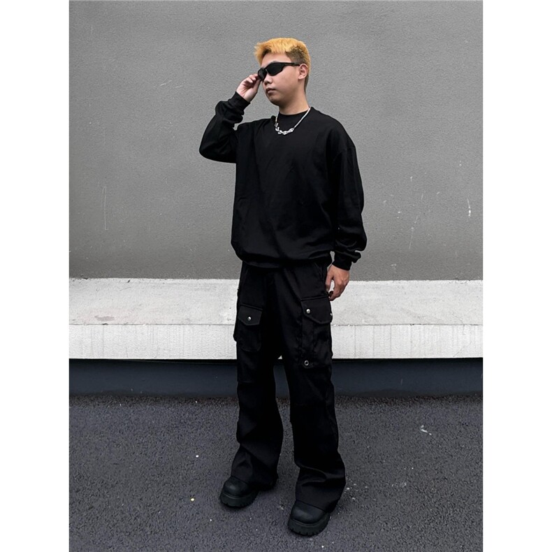 美式高街vibe机能风多口袋伞兵工装裤男女褶皱设计休闲微喇裤潮牌,男装工装外套,星座506A