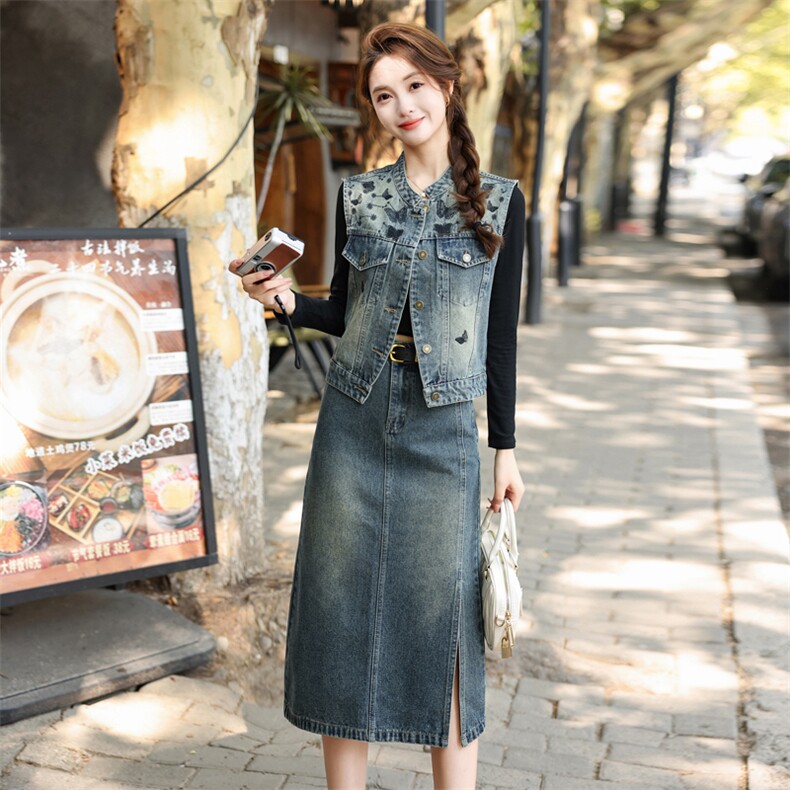 欧货高级刺绣牛仔马甲半身裙套装2025春新款女洋气减龄气质两件套,女装套装/套裙,意芙