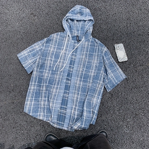 夏款男连帽短袖衬衫扎染条纹格子五分袖衬衣CS0010 P38图片
