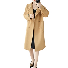 秋冬季羊毛时尚休闲两排三扣经典V领带口袋中长款大衣，女装双面呢大衣，泰公羊绒