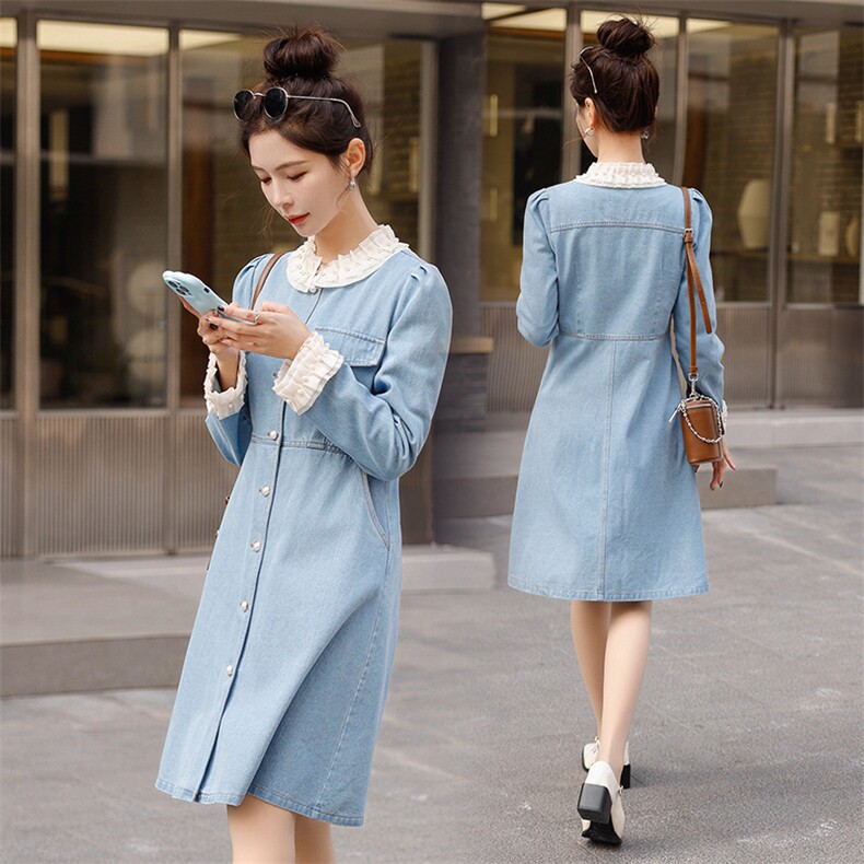 时尚春季牛仔连衣裙中长款修身显瘦女装甜美蕾丝领设计，女装连衣裙，秋水欣儿
