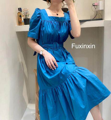 现货!方领褶皱净版宽松泡泡袖连衣裙(配腰带)，女装连衣裙，FUXINXIN 福歆歆