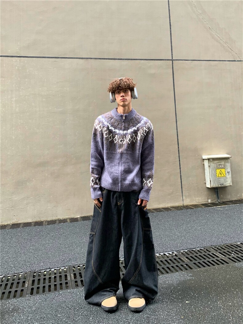 白菜coke美式复古花纹秋冬圆领双拉链立领针织衫毛衣开衫外套男女,男装针织衫/毛衣,星座218-1（原230）