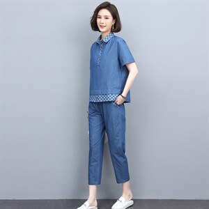 休闲妈妈洋气套装2022夏新款大码牛仔上衣裤子两件套图片
