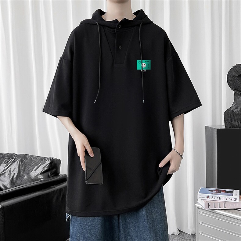 LD54264-P45连帽短袖t恤男大码胖子带帽五分袖中袖,男装T恤,电商A040