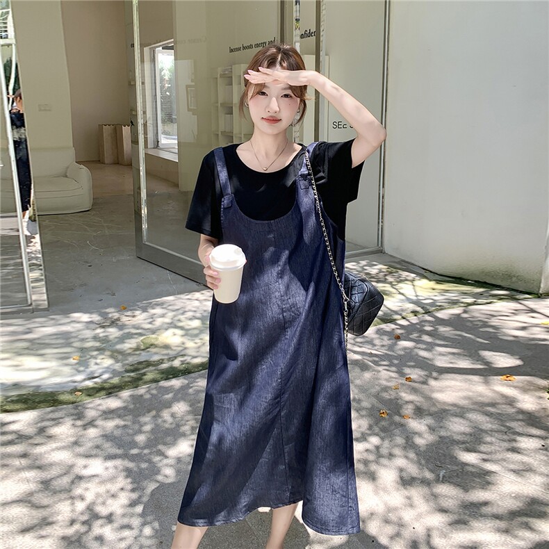 慵懒风假两件拼接牛仔连衣裙女2025夏新款韩版宽松遮肉显瘦T恤裙,女装连衣裙,2C113