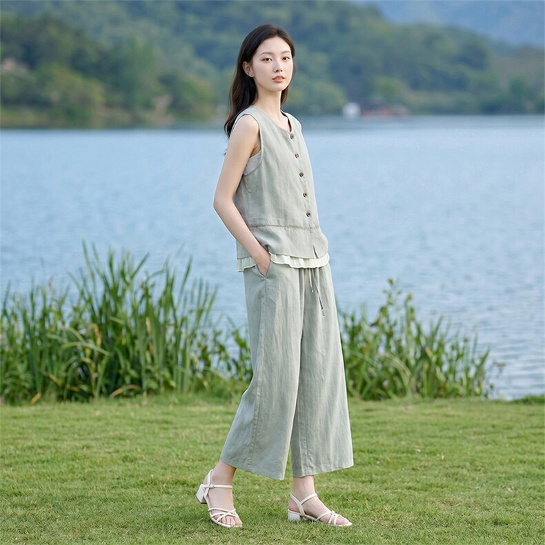 亚麻套装夏季女两件套，女装套装/套裙，曼沙奕珂