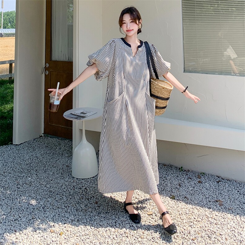 韩系时尚泡泡袖条纹连衣裙女2025夏季新款设计感洋气V领显瘦长裙,女装连衣裙,2C159