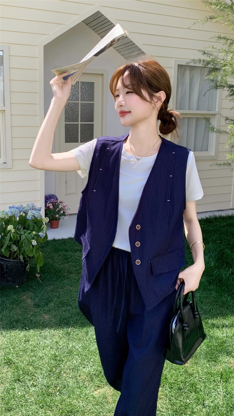 深蓝色休闲牛仔马甲套装裤女装春季新款韩风chic阔腿裤盐系两件套,女装套装/套裙,2C051