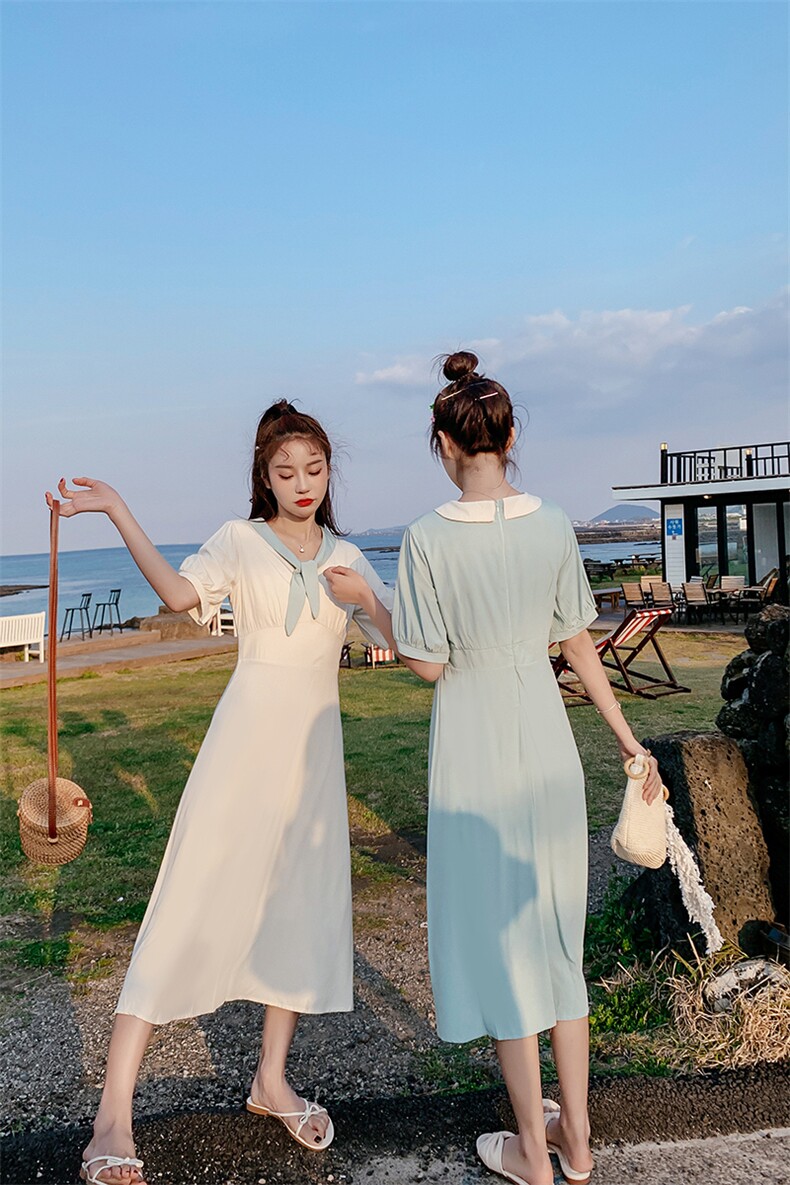 中长款纯色小清新连衣裙2021夏季新款休闲时尚舒适,女装连衣裙,艾艾淮淮