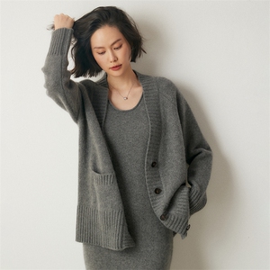 重磅加厚插兜大V领山羊绒开衫女秋冬款中长款毛衣宽松慵懒风外套图片