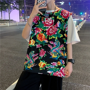夏季大码东北大花布男背心坎肩运动马甲男装风民族牡丹花MJ01图片