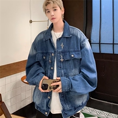 小众金属垫肩牛仔夹克男宽松春秋季水洗做旧复古短款外套-JK0011，男装夹克，星座601-2