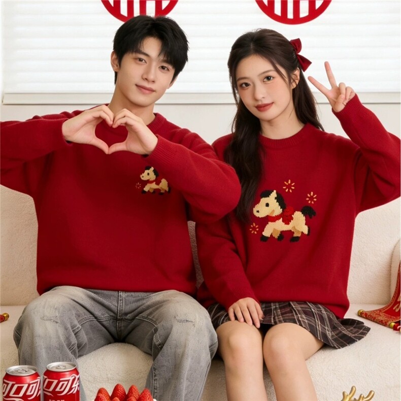 2026新年无帽圆领毛衣男士春秋情侣款红色新年休闲时尚保暖针织衫,男装针织衫/毛衣,星座715-4