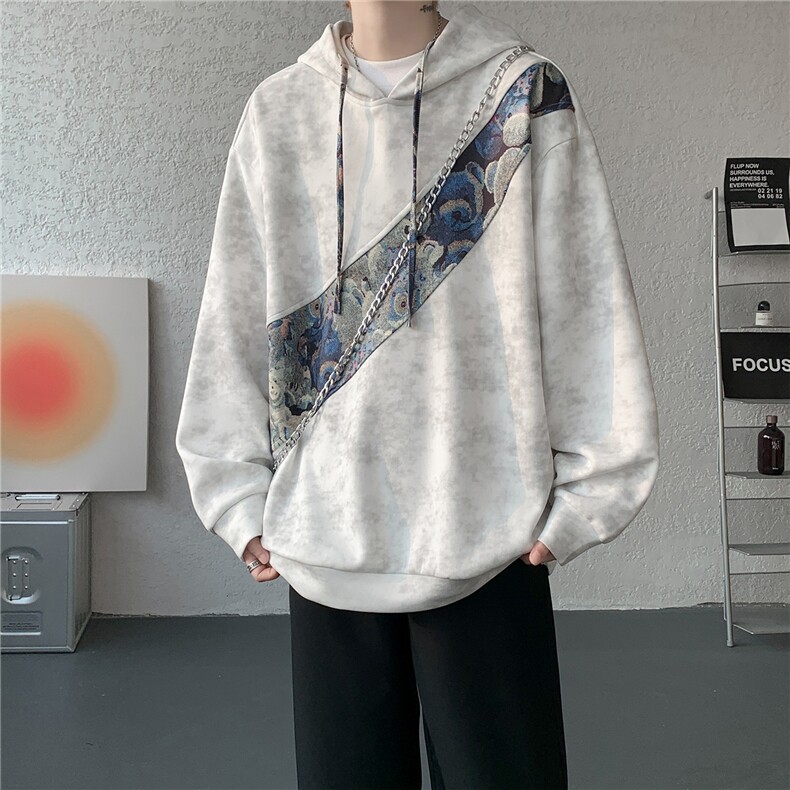 WY10200-特批40春季新款连帽设计感拼接撞色宽松大码扎染卫衣男,男装卫衣,电商A059