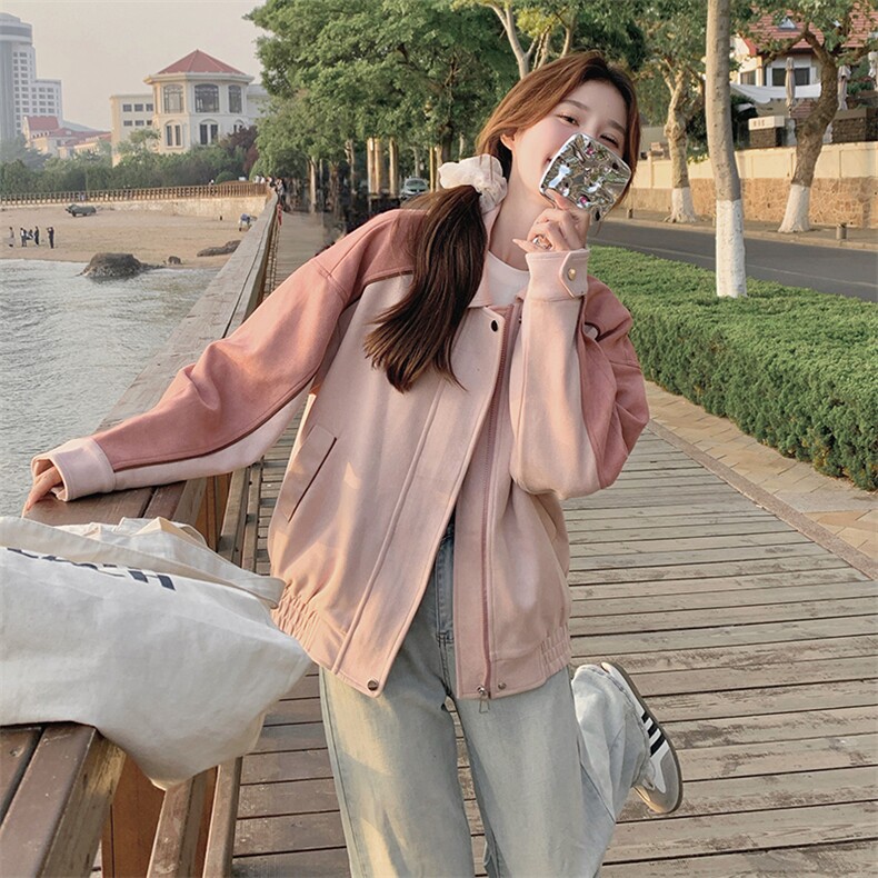 独特漂亮超好看粉色麂皮绒外套女春秋2025年超火气质短款皮衣夹克,女装短外套,浙宝189