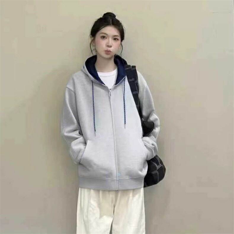抖音得物二开美式高街重磅结构双层撞色连帽卫衣开衫外套W116,男装卫衣,电商A486