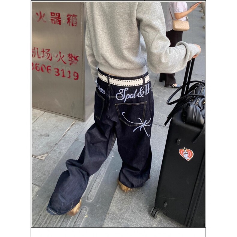 美式覆古设计感字母刺绣牛仔裤男女宽松百搭潮流百搭直筒长裤，男装牛仔裤，四季星座505