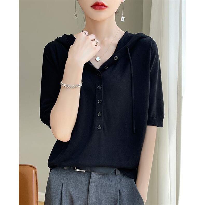 2024新款天丝短袖T恤女夏宽松真丝连帽衫半袖桑蚕丝上衣打底针织，女装针织衫/毛衣，片语羊绒