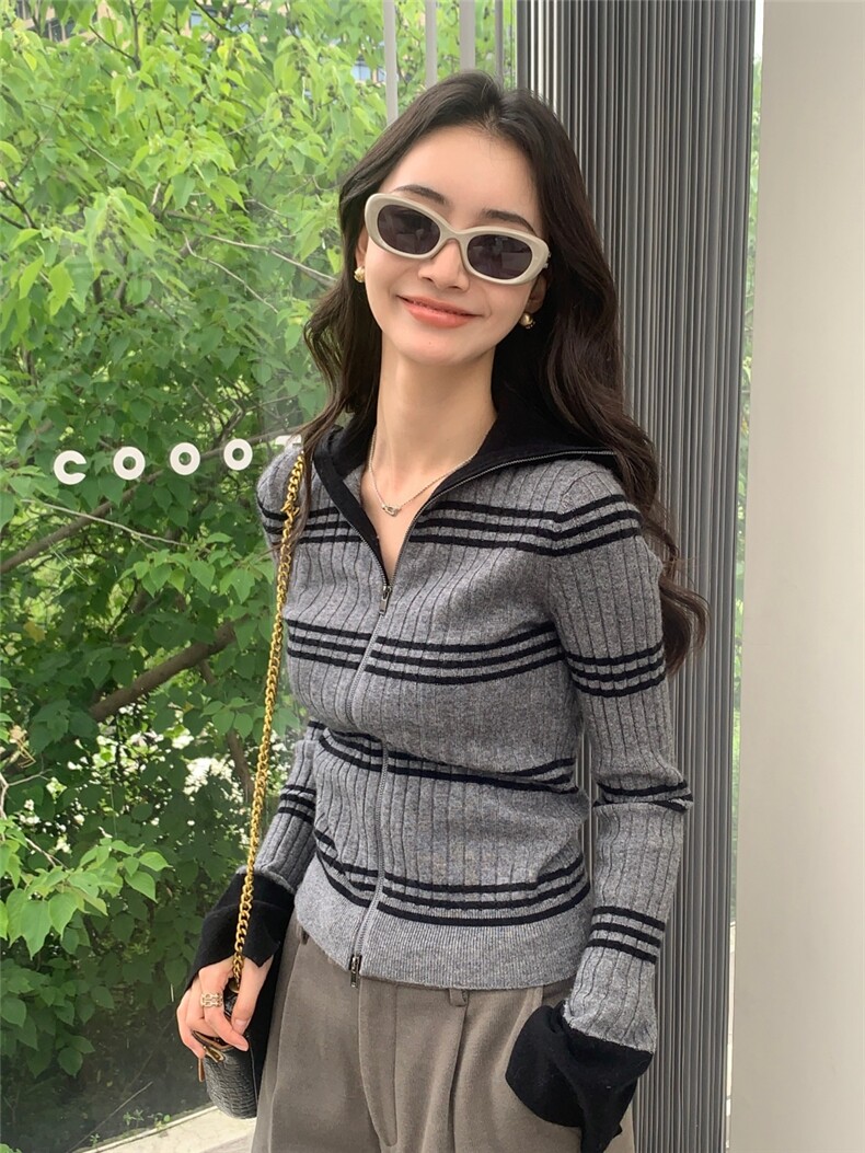 时尚新款条纹开衫女翻领纯色毛衣修身拉链针织外套,针织衫/毛衣,玛卡隆羊绒