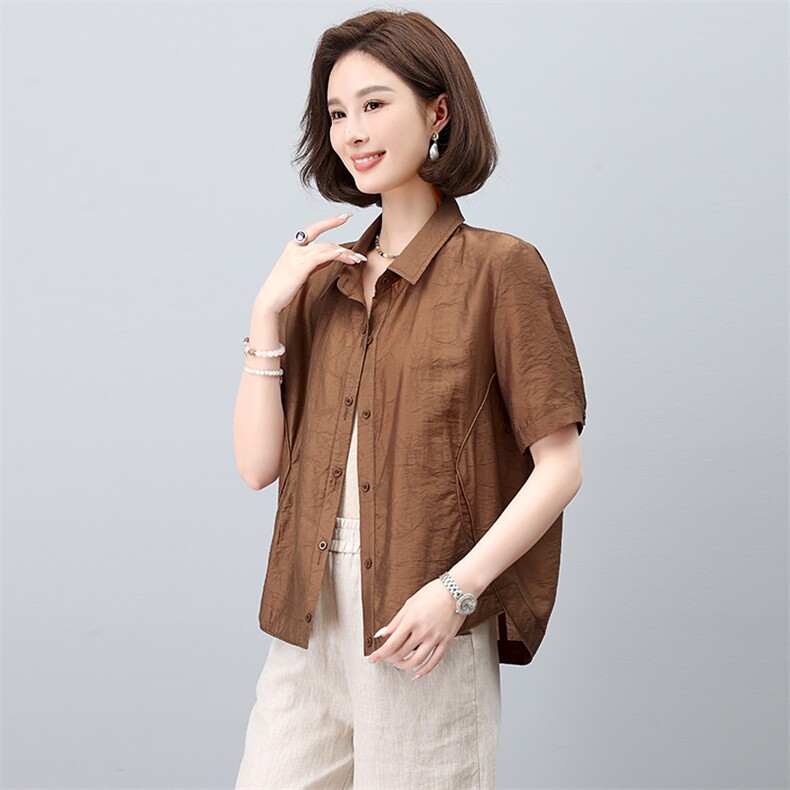 时尚妈妈短袖女2024夏季新款大码宽松洋气小个子休闲上衣,女装衬衫,玛其路