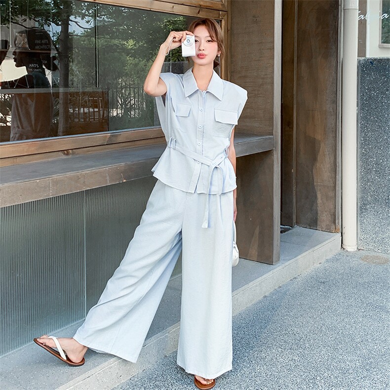 浅蓝色轻熟风廓形马甲阔腿裤套装女2025夏季新款韩系高级感两件套图片