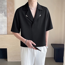 轻熟风~夏季冰丝薄款西装领中袖衬衫T恤衫C283/P48，男装衬衫，电商B331