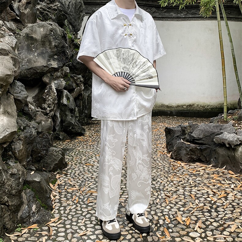 风夏男套装男龙纹衬衫短袖衬衫长裤唐装TZ60P70,男装衬衫,星座1013-1