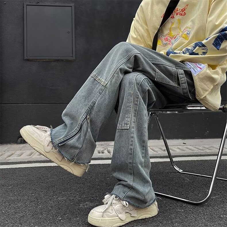 高街机能工装牛仔裤男潮牌炸街宽松拉链开叉1001-1-WH820-P53,男装牛仔裤,星座1001-1