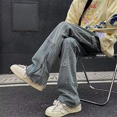 高街机能工装牛仔裤男潮牌炸街宽松拉链开叉1001-1-WH820-P53，男装牛仔裤，星座1001-1