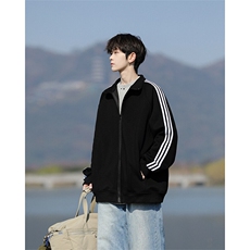 8XL-M三条杠运动卫衣特大码美式条纹立领夹克开衫外套JK5205/P65，男装夹克，电商B238