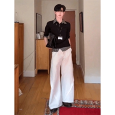 得物抖音高品质二开夏季美式潮牌假两件条纹衬衫翻领高街短袖T恤，男装T恤，电商A486