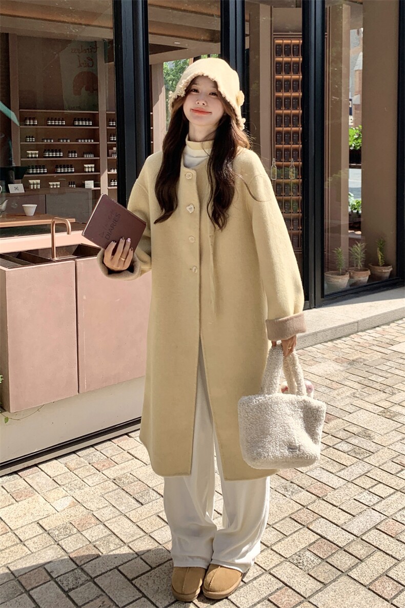 黄色高级感茧型宽松韩版羊绒双面羊毛大衣女冬新款长过膝毛呢外套,女装羊绒大衣,2C056