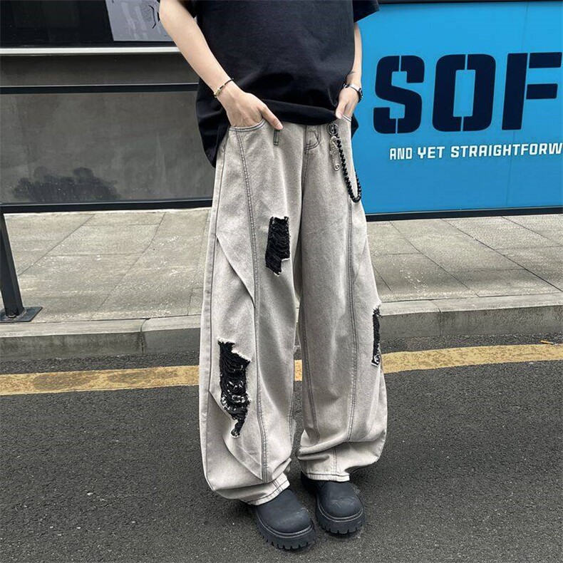 美式高街斜切破洞牛仔裤男薄款宽松阔腿弯刀裤痞帅潮牌直筒裤子,男装牛仔裤,星座410-6（原星座1304-1）