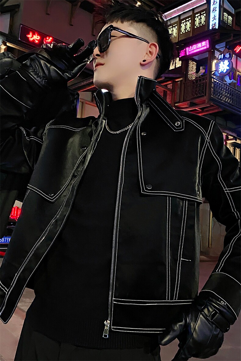 AF35加绒/P140控190冬季社会小伙复古重工明线夹克外套男黑首1,男装夹克,星座305B-1
