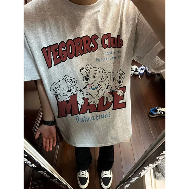 网图有货 夏季斑点小狗复古趣味字母印花短袖短袖T恤男女A649-P25图片