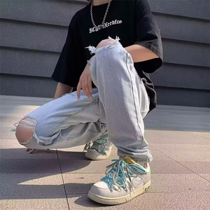 欧美高街破洞牛仔裤黑色夏季显瘦复古hiphop乞丐裤男 PN300-P38图片