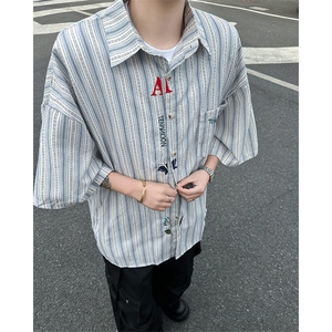 刺绣条纹设计感短袖衬衫男女春韩版衬衣宽松休闲外套CY1085-P39